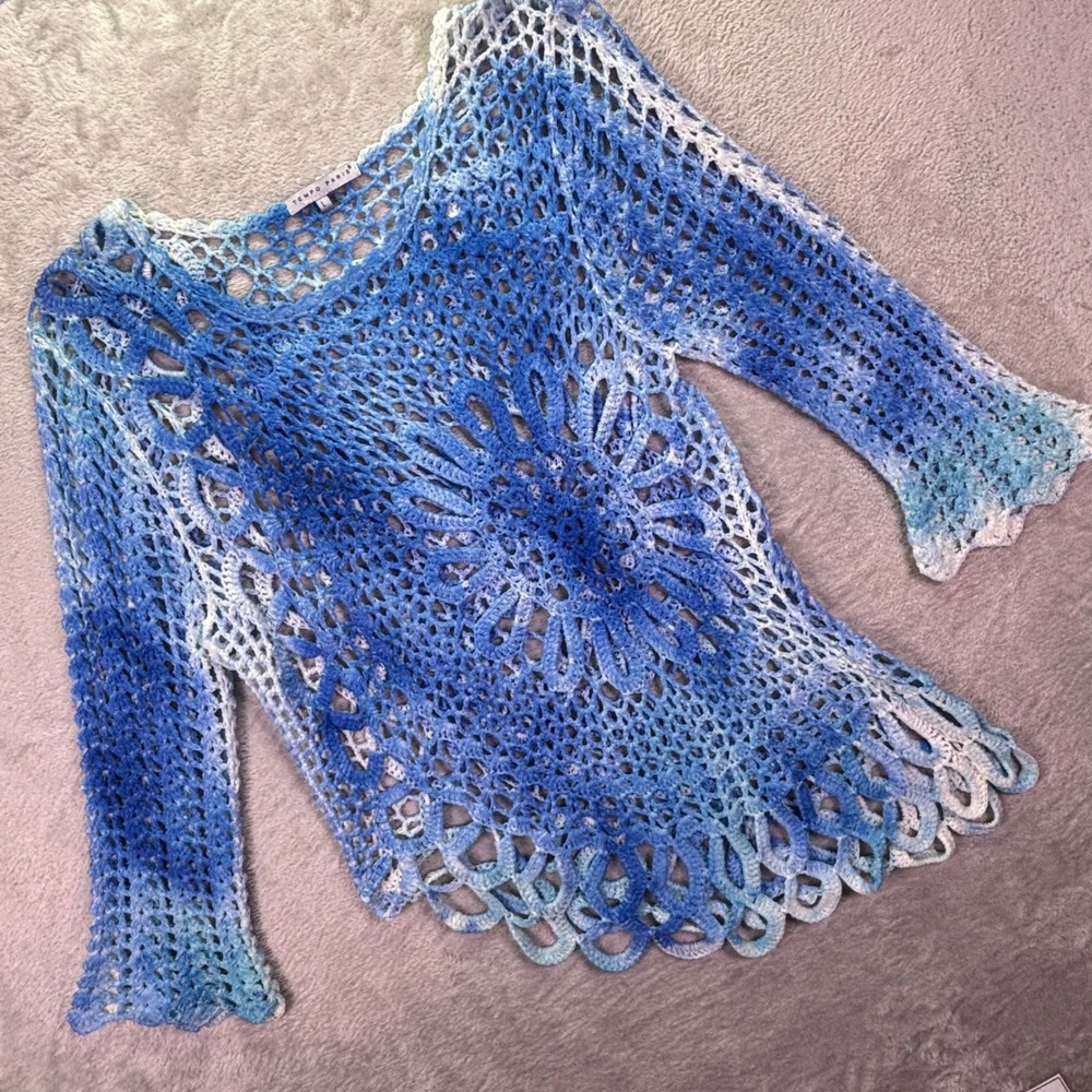 Tempo Paris Women Top Large Blue Tie Dye Crochet Asymmetrical Boho Medallion